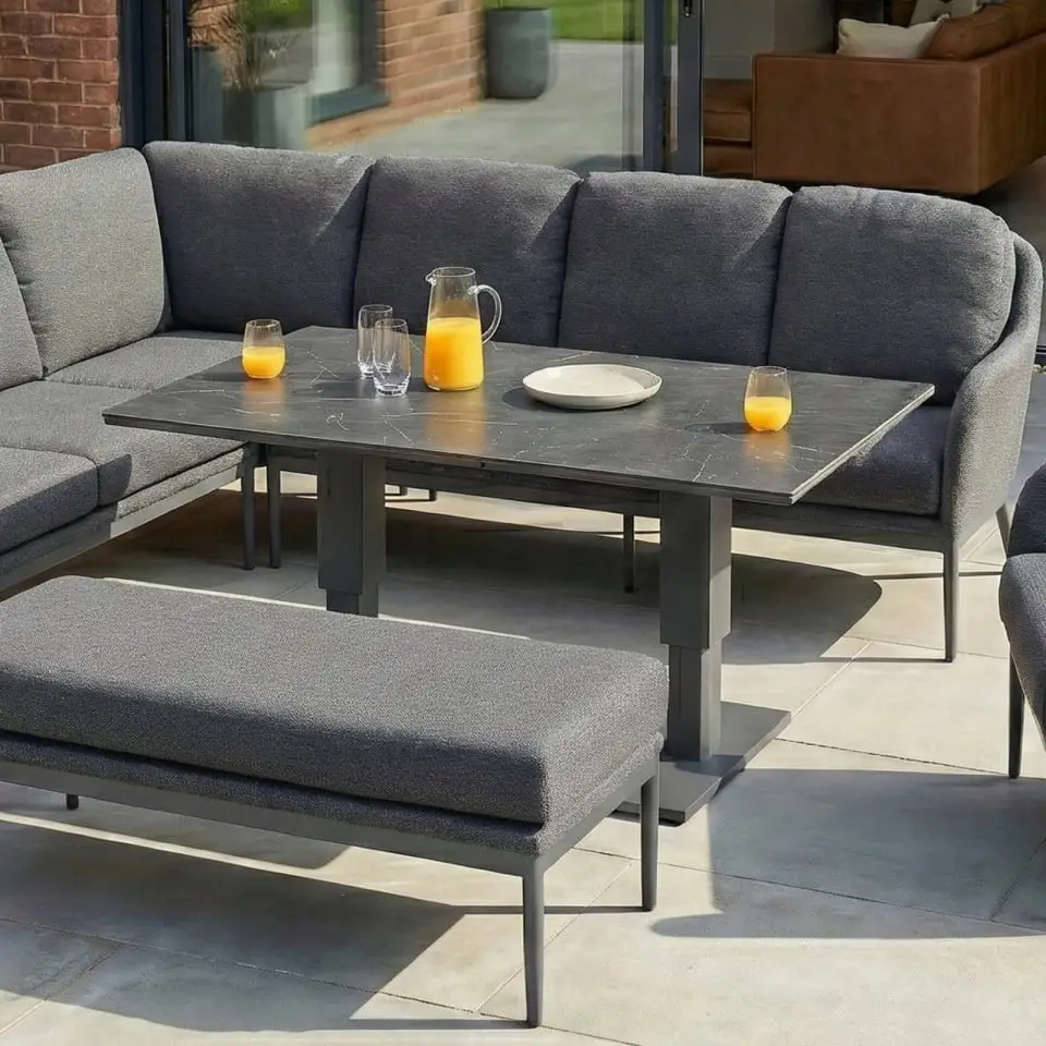 Ally Corner Fabric Aluminium Dining Set with Armchair & Bench - Adjustable Rising Table in Graphite Grey