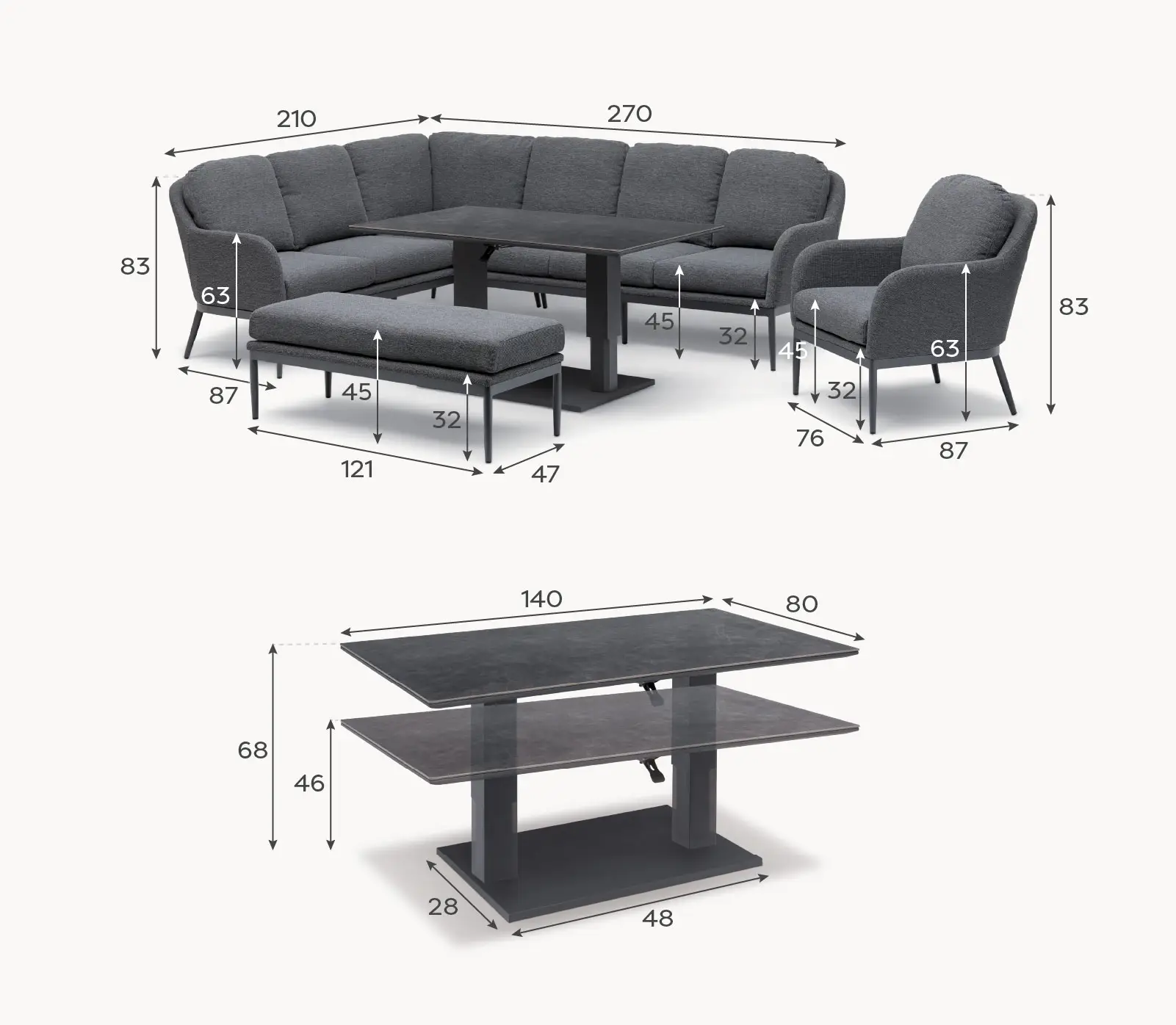 Ally Corner Fabric Aluminium Dining Set with Armchair & Bench - Adjustable Rising Table in Graphite Grey