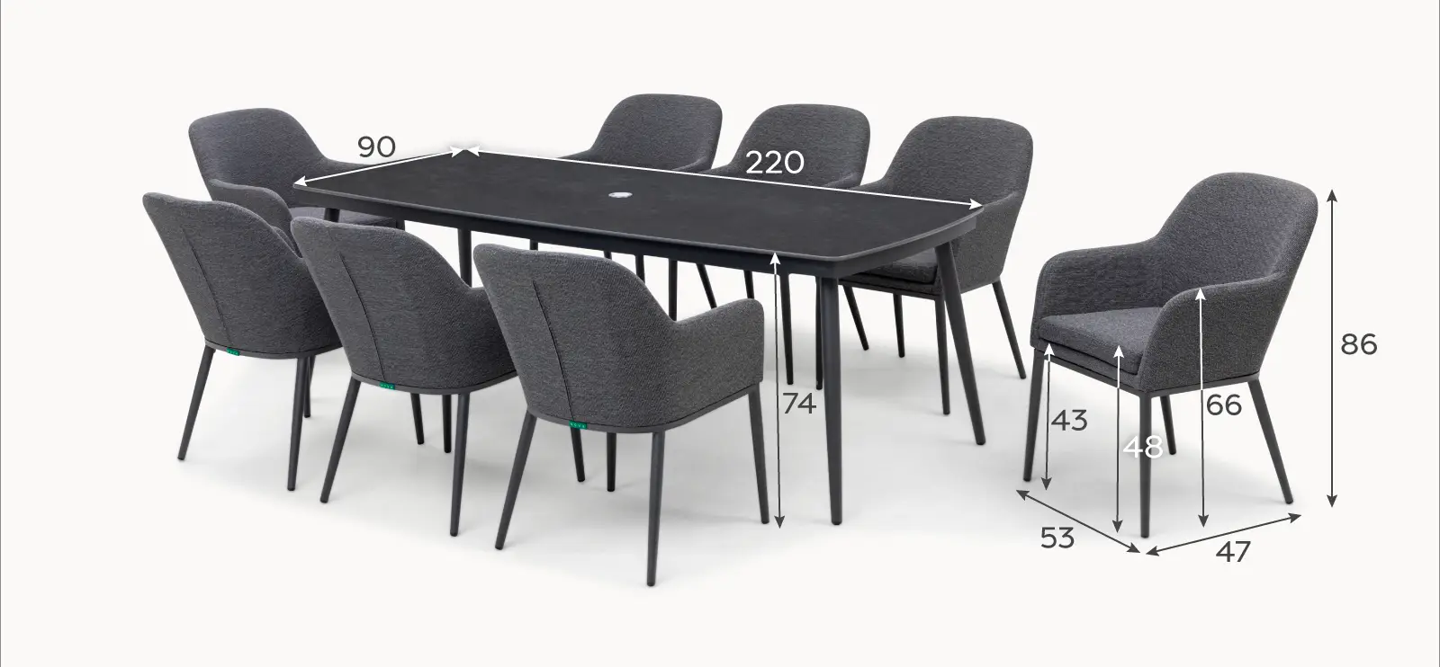 Ally 8 Seat Fabric Aluminium Dining Set - Rectangular Table