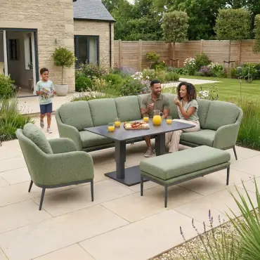 Ally Corner Fabric Aluminium Dining Set with Armchair & Bench - Adjustable Rising Table in Green