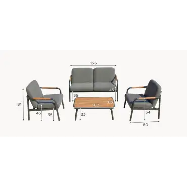 Piper Aluminium Wood Look 2 Seater Sofa Lounging Set