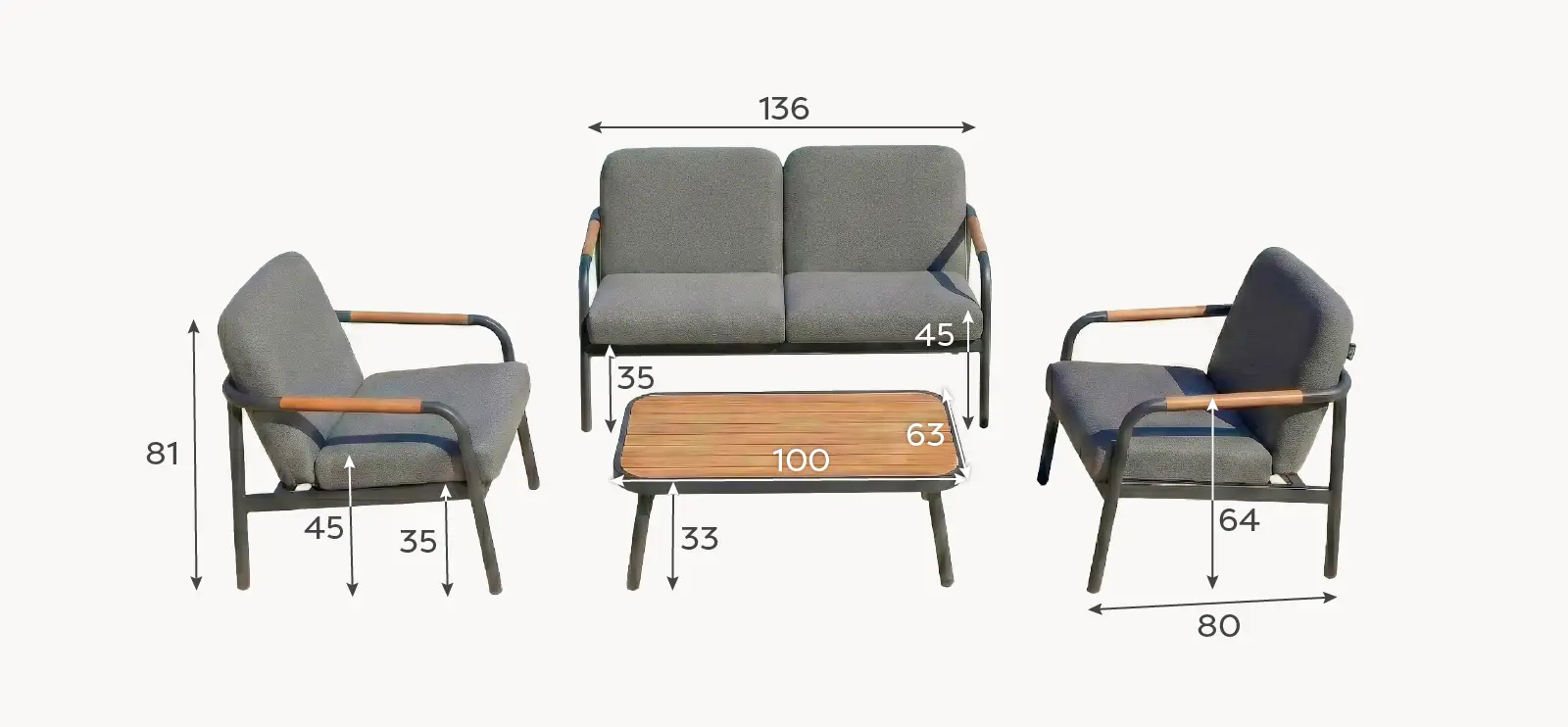 Piper Aluminium Wood Look 2 Seater Sofa Lounging Set