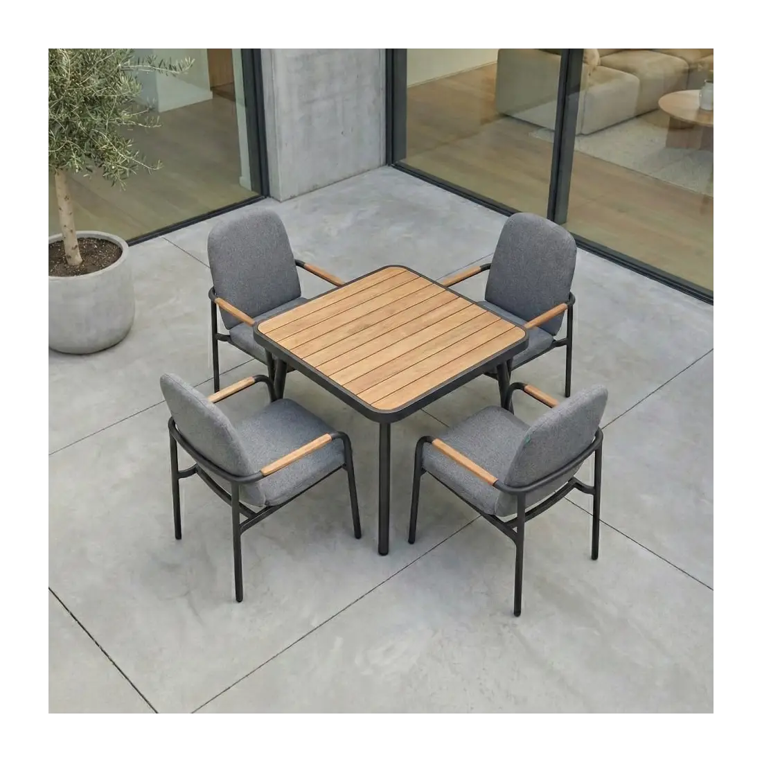 Piper 4 Seat Aluminium Wood Look Dining Set - Square Table
