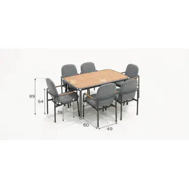 Piper 6 Seat Aluminium Wood Look Dining Set - Rectangular Table