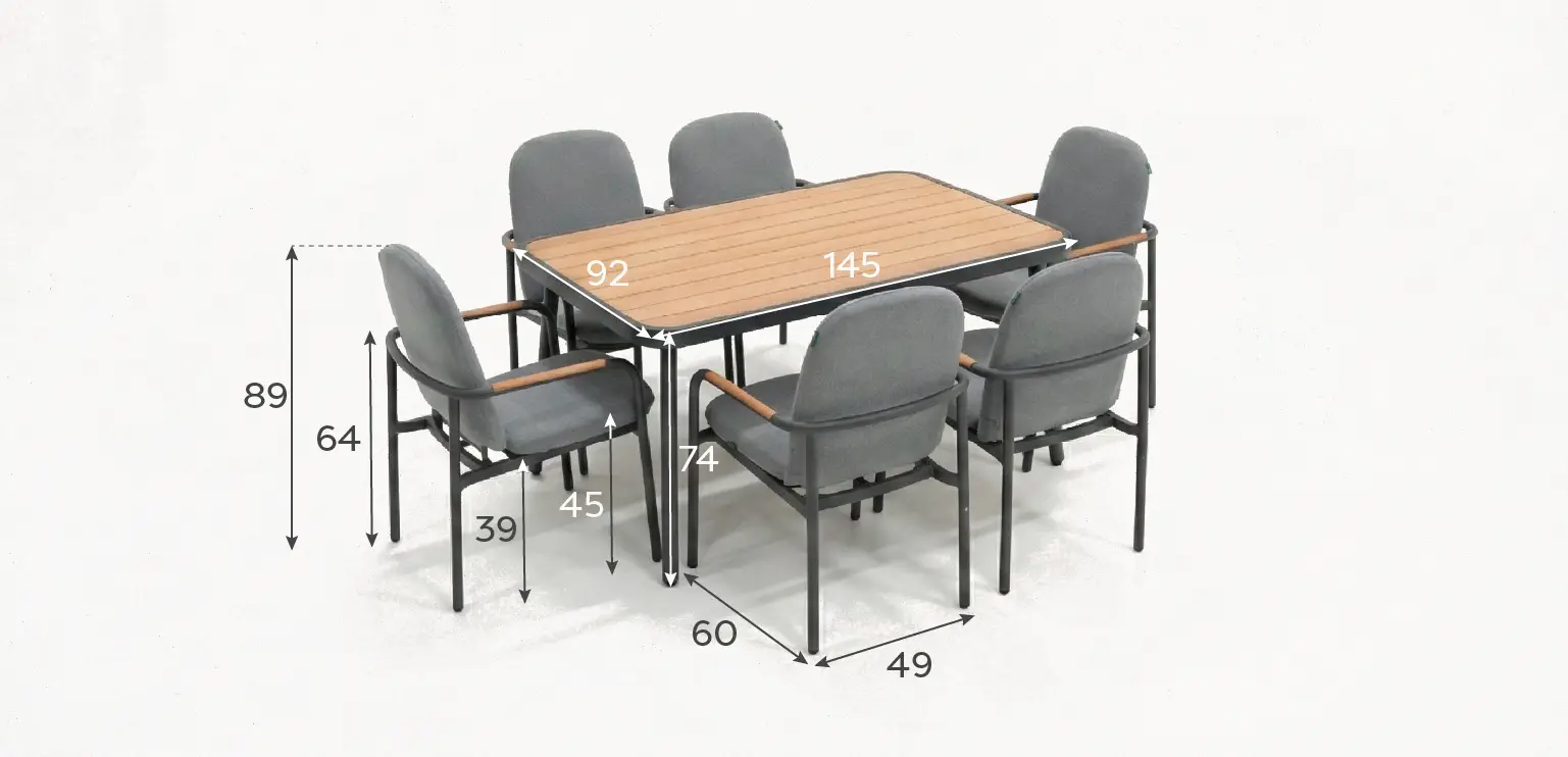 Piper 6 Seat Aluminium Wood Look Dining Set - Rectangular Table