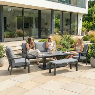 Vogue 3 Seater Aluminium Dining Set - 2 Armchairs & Bench - Adjustable Rising Extending Table