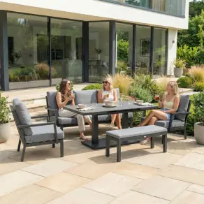 Vogue 3 Seater Aluminium Dining Set - 2 Armchairs & Bench - Adjustable Rising Extending Table