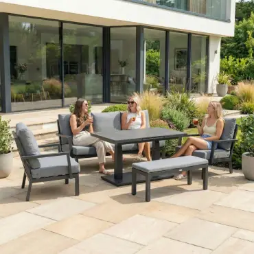 Vogue 3 Seater Aluminium Dining Set - 2 Armchairs & Bench - Adjustable Rising Extending Table