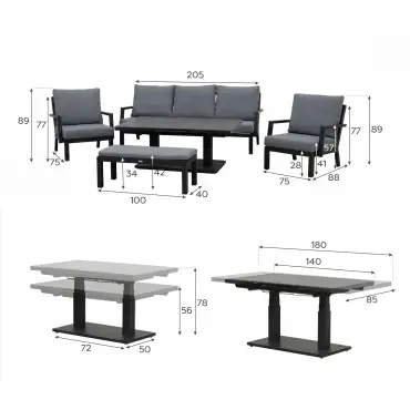 Vogue 3 Seater Aluminium Dining Set - 2 Armchairs & Bench - Adjustable Rising Extending Table
