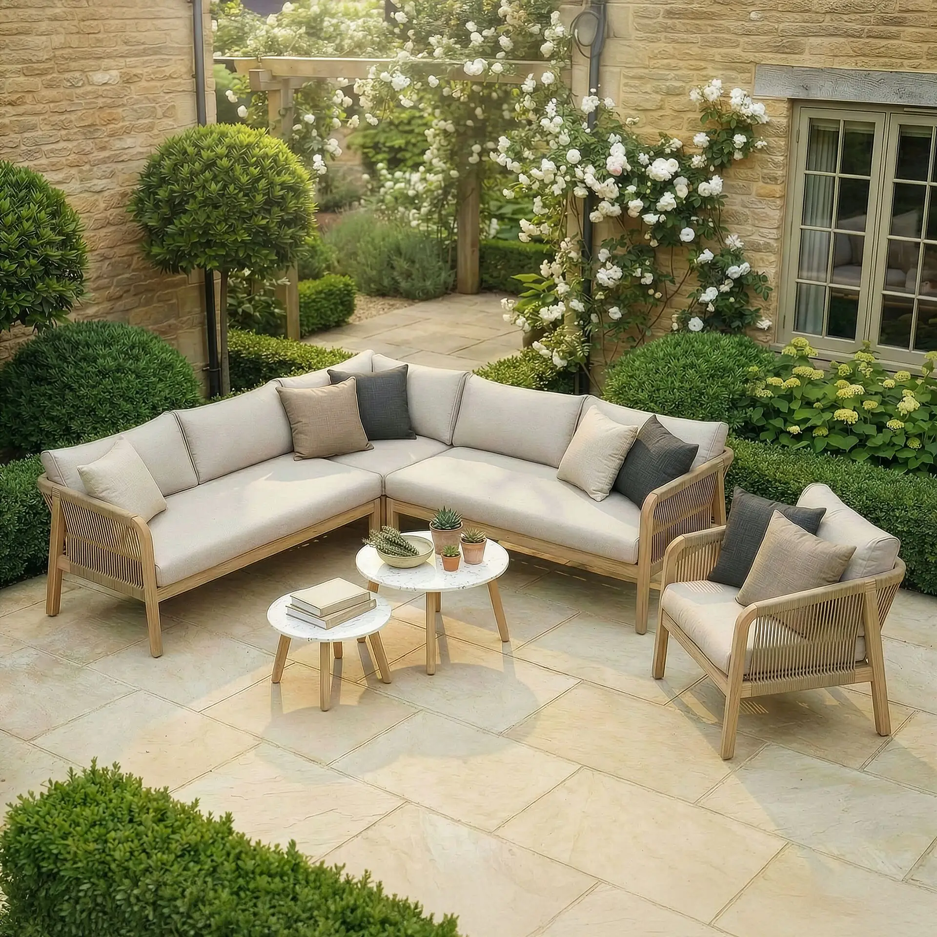 Antigua Rope Weave Corner Sofa Set - Lounge Chair & 2 Round Coffee Tables