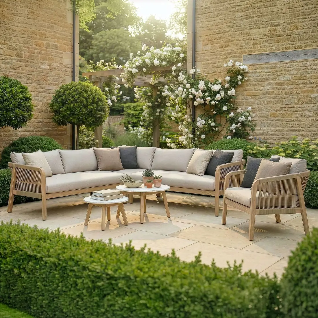 Antigua Rope Weave Corner Sofa Set - Lounge Chair & 2 Round Coffee Tables Antigua Rope Weave Corner Sofa Set - Lounge Chair & 2 Round Coffee Tables