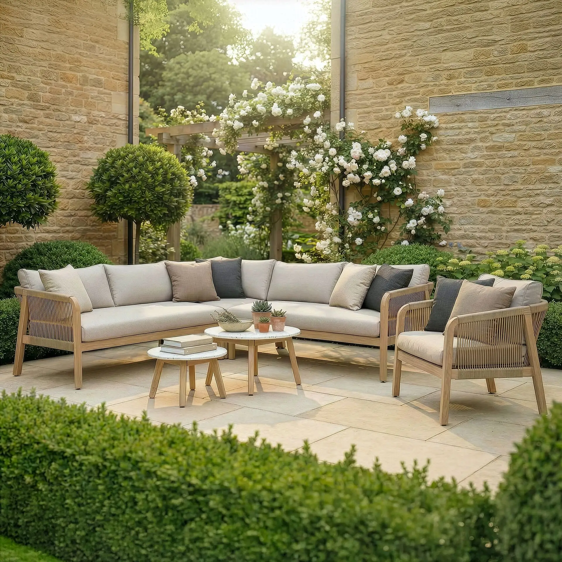 Antigua Rope Weave Corner Sofa Set - Lounge Chair & 2 Round Coffee Tables