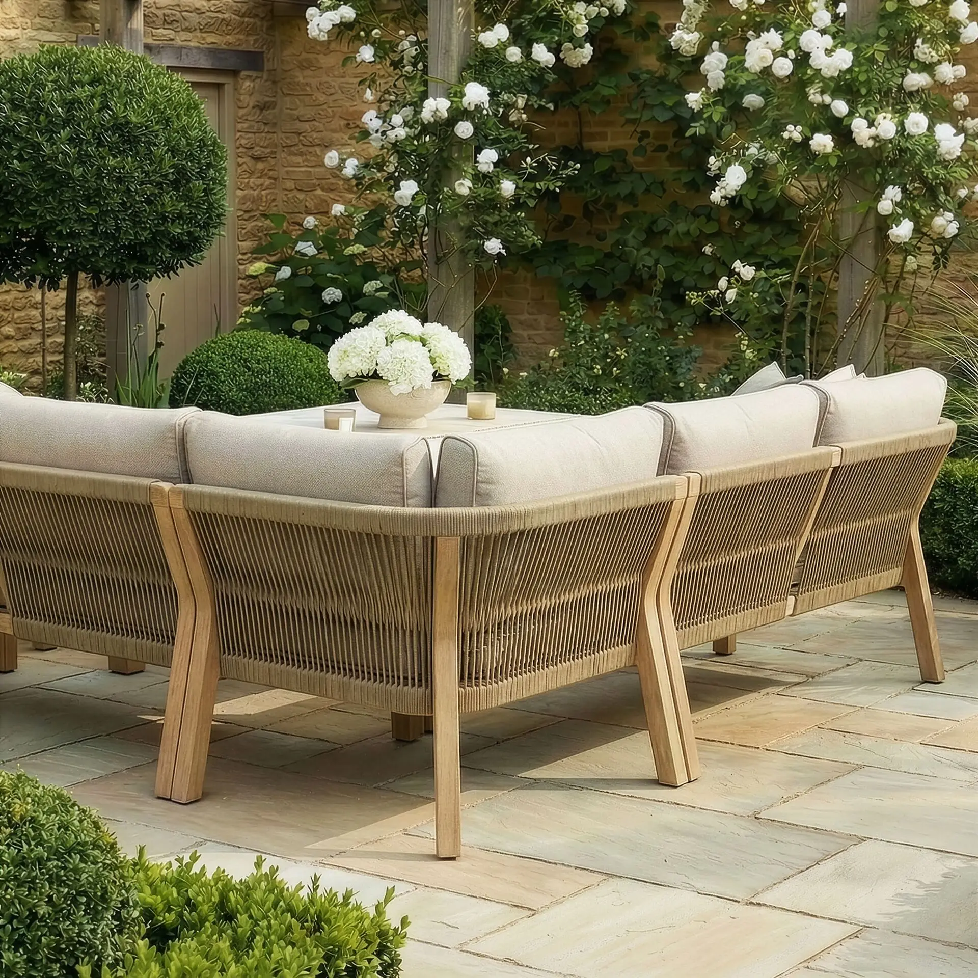 Antigua Rope Weave Corner Sofa Set - Lounge Chair & 2 Round Coffee Tables