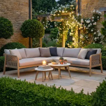 Antigua Rope Weave Corner Sofa Set - 2 Round Coffee Tables