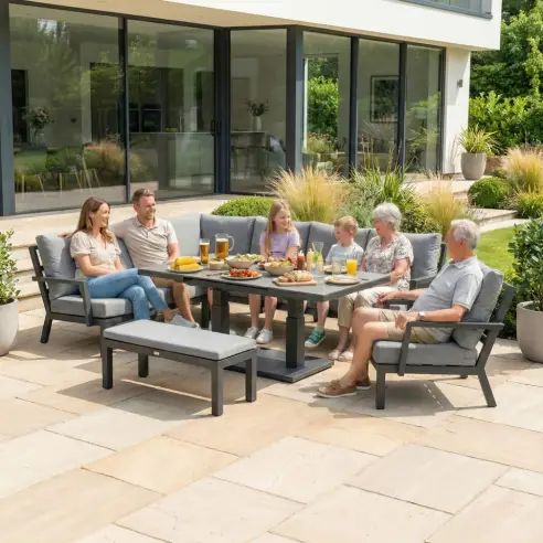 Vogue Corner Aluminium Dining Set Armchair & Bench - Adjustable Rising Extending Table