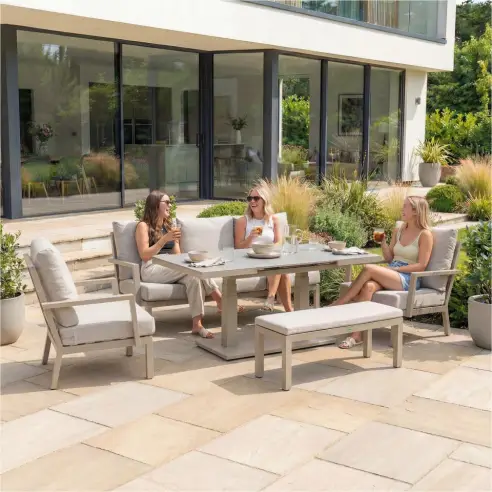 Vogue 3 Seater Aluminium Dining Set - 2 Armchairs & Bench - Adjustable Rising Extending Table Vogue 3 Seater Aluminium Dining Set - 2 Armchairs & Bench - Adjustable Rising Extending Table
