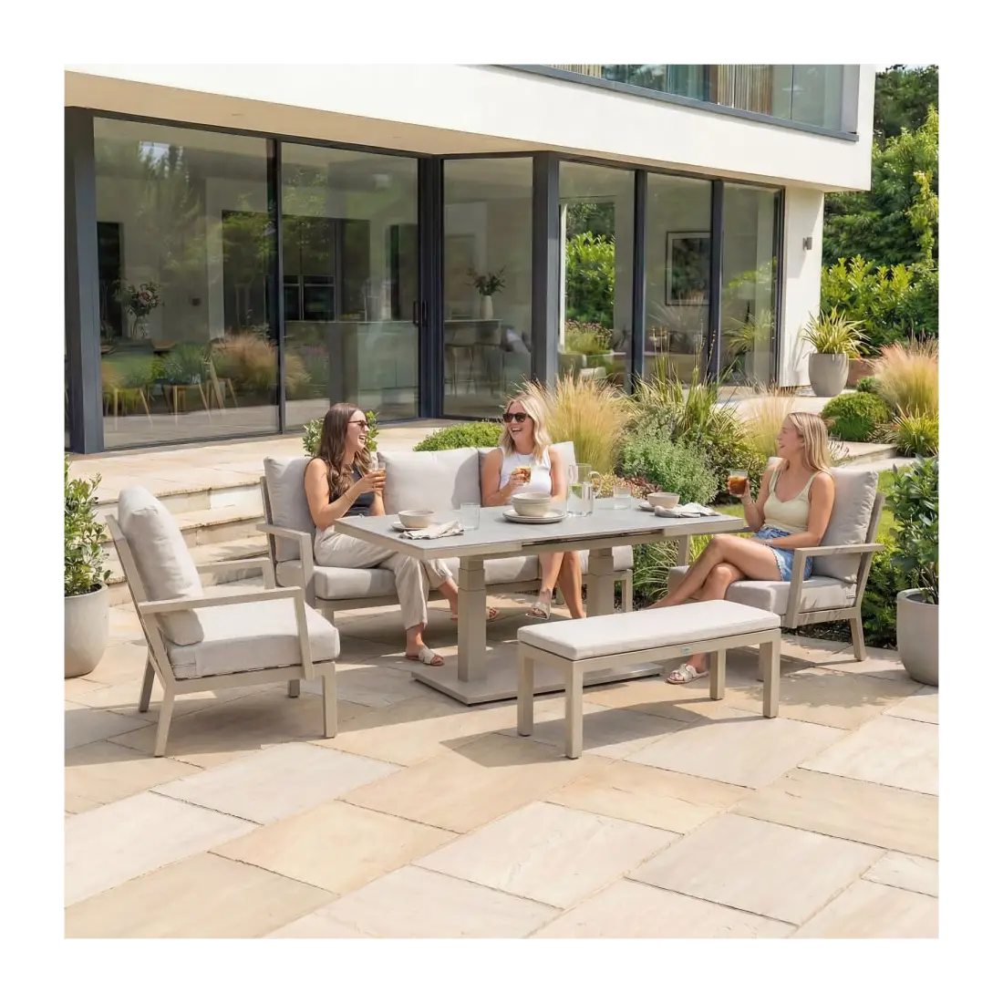 Vogue 3 Seater Aluminium Dining Set - 2 Armchairs & Bench - Adjustable Rising Extending Table Vogue 3 Seater Aluminium Dining Set - 2 Armchairs & Bench - Adjustable Rising Extending Table