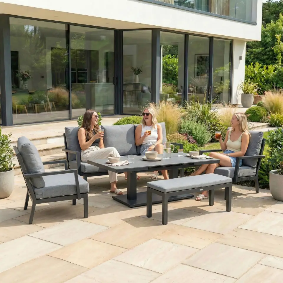 Vogue 3 Seater Aluminium Dining Set - 2 Armchairs & Bench - Adjustable Rising Extending Table