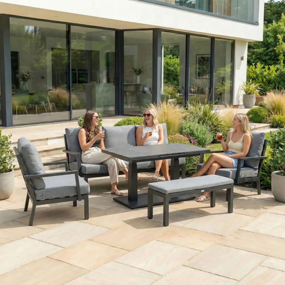 Vogue 3 Seater Aluminium Dining Set - 2 Armchairs & Bench - Adjustable Rising Extending Table