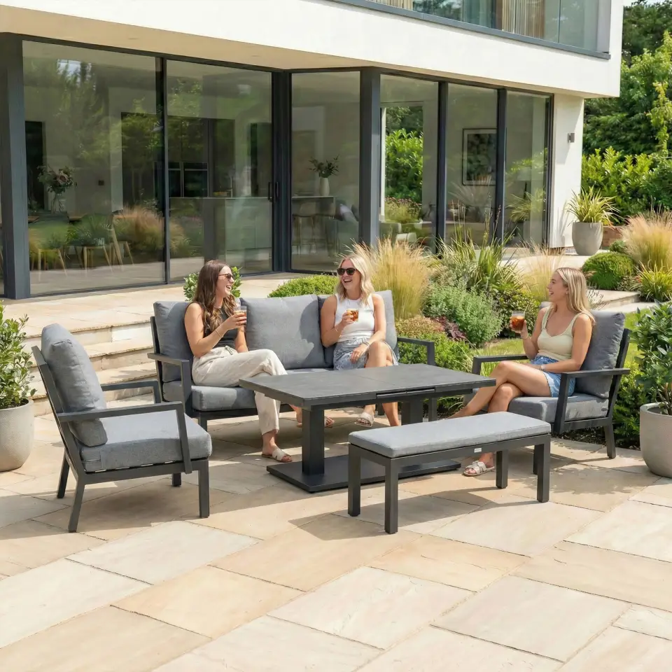 Vogue 3 Seater Aluminium Dining Set - 2 Armchairs & Bench - Adjustable Rising Extending Table