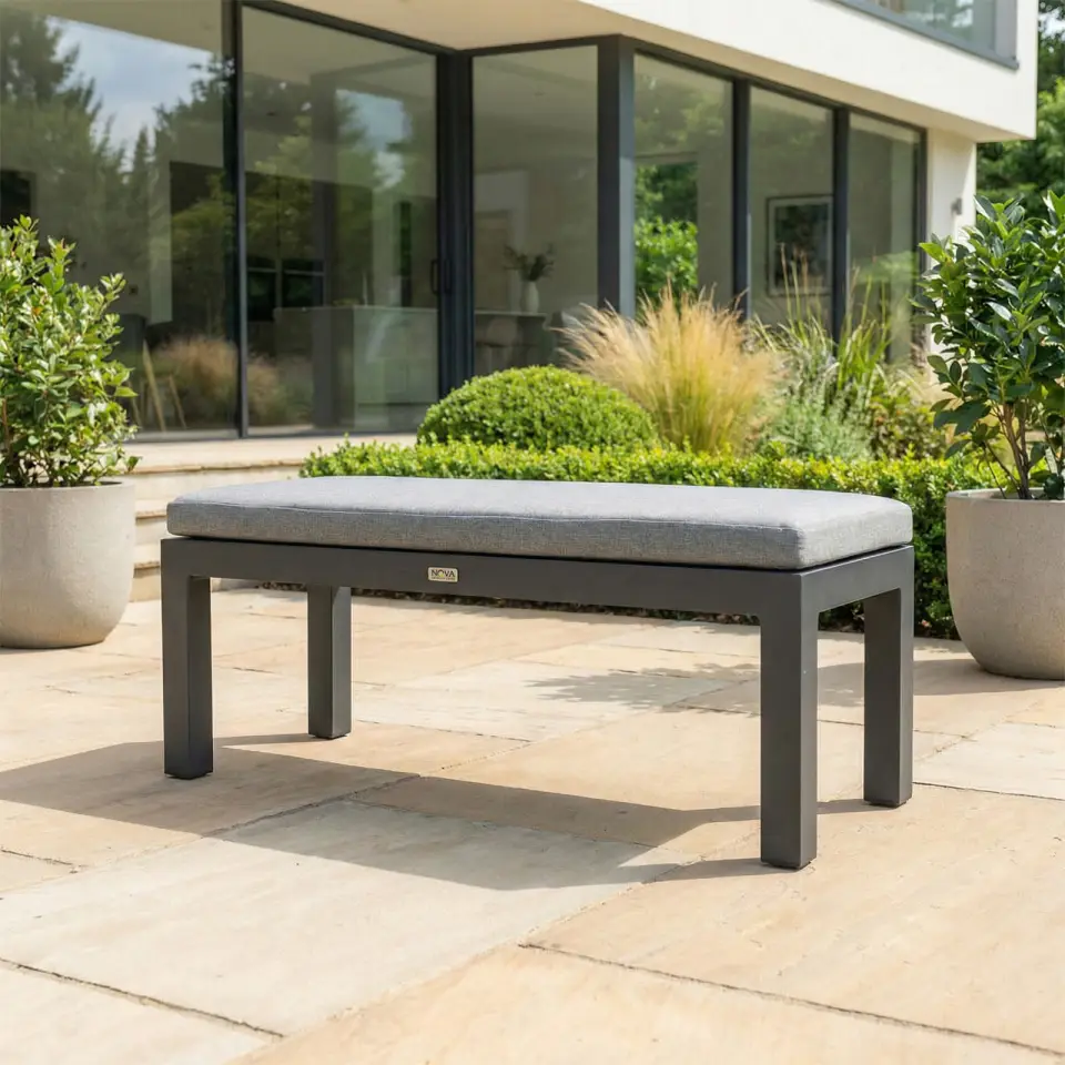 Vogue 3 Seater Aluminium Dining Set - 2 Armchairs & Bench - Adjustable Rising Extending Table