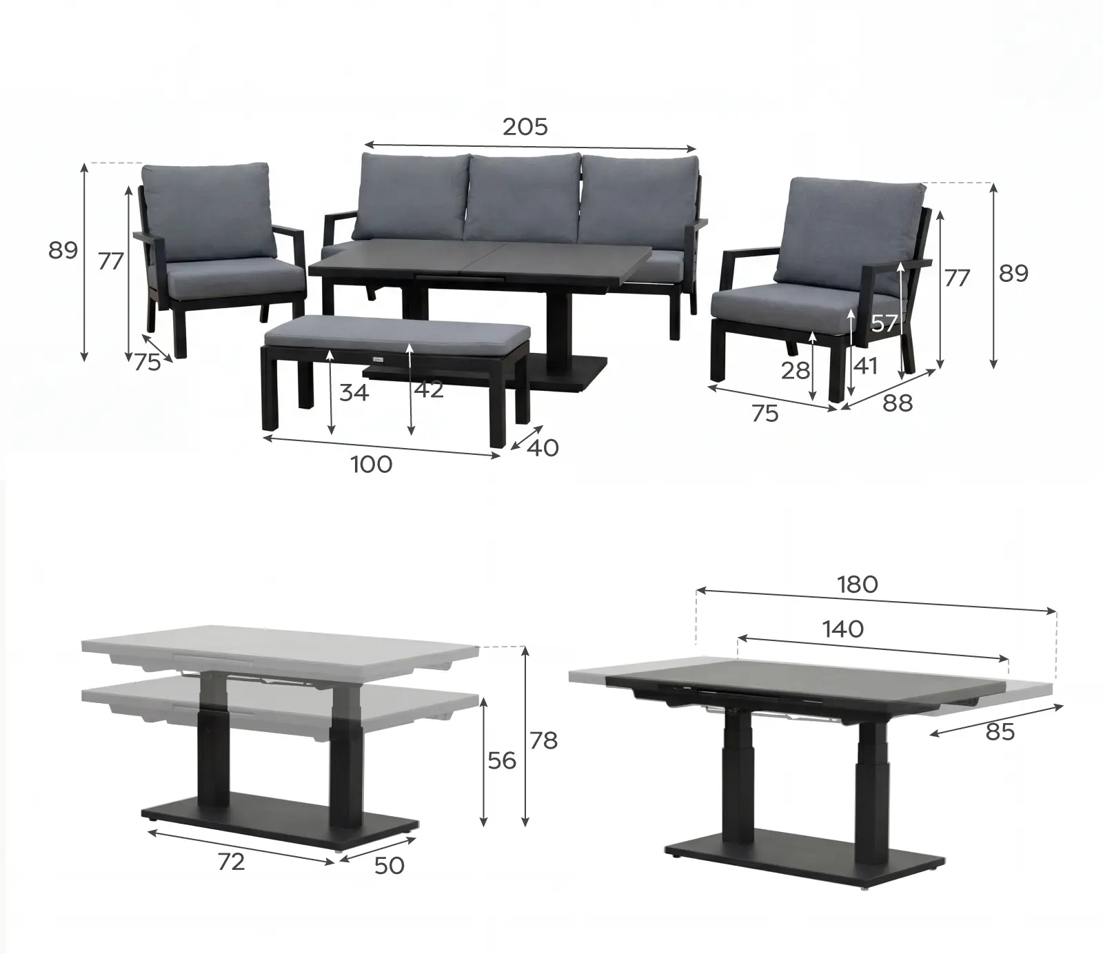 Vogue 3 Seater Aluminium Dining Set - 2 Armchairs & Bench - Adjustable Rising Extending Table