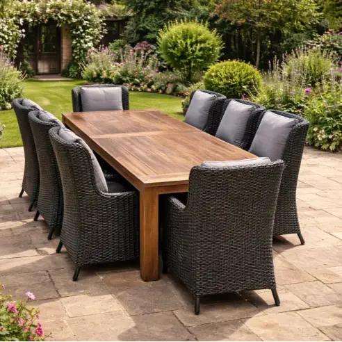 Thornbury 8-Chair Reclaimed Teak Dining Set | 6 Rattan Weaves Thornbury 8-Chair Reclaimed Teak Dining Set | 6 Rattan Weaves