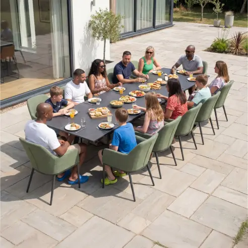 Ally 6-12 Seat Fabric Aluminium Dining Set - Extending Table Green