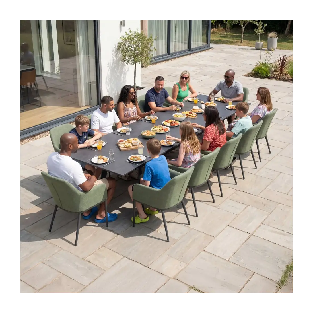 Ally 6-12 Seat Fabric Aluminium Dining Set - Extending Table Green