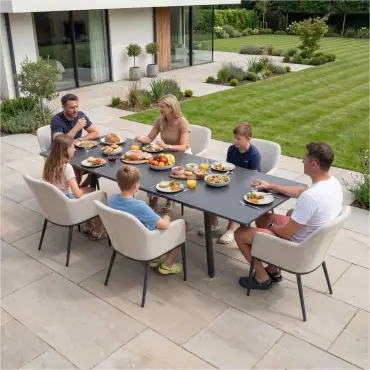 Ally 6-12 Seat Fabric Aluminium Dining Set - Extending Table Oatmeal