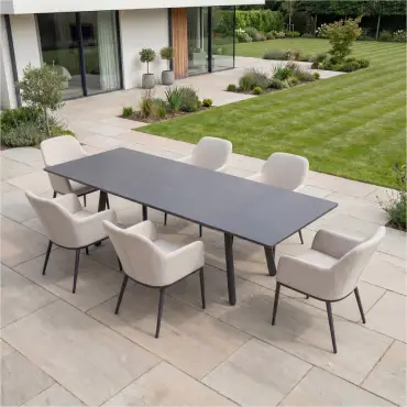 Ally 6-12 Seat Fabric Aluminium Dining Set - Extending Table Oatmeal