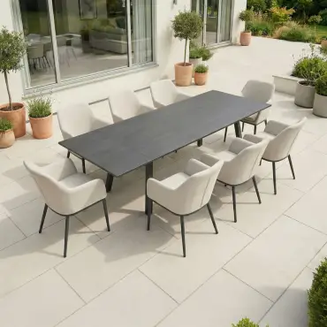 Ally 6-12 Seat Fabric Aluminium Dining Set - Extending Table Oatmeal