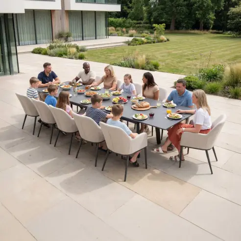 Ally 6-12 Seat Fabric Aluminium Dining Set - Extending Table Oatmeal
