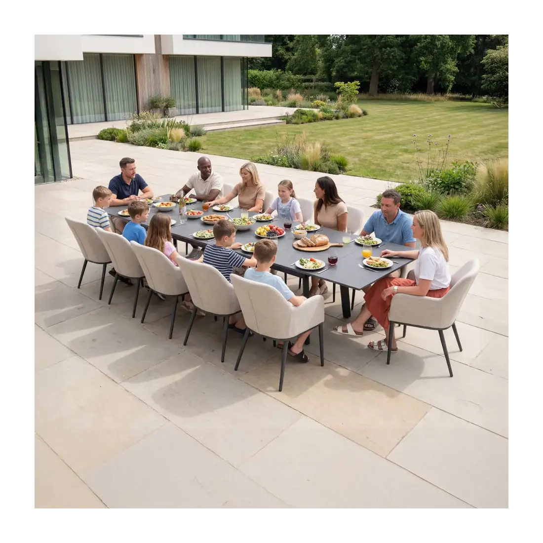 Ally 6-12 Seat Fabric Aluminium Dining Set - Extending Table Oatmeal