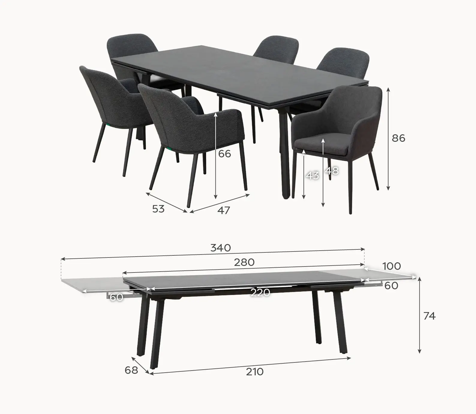 Ally 6-12 Seat Fabric Aluminium Dining Set - Extending Table Graphite Grey
