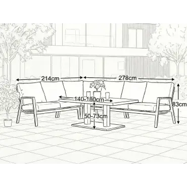 Zara L-Shaped Corner Sofa Set with Rectangular Extending Rising Table