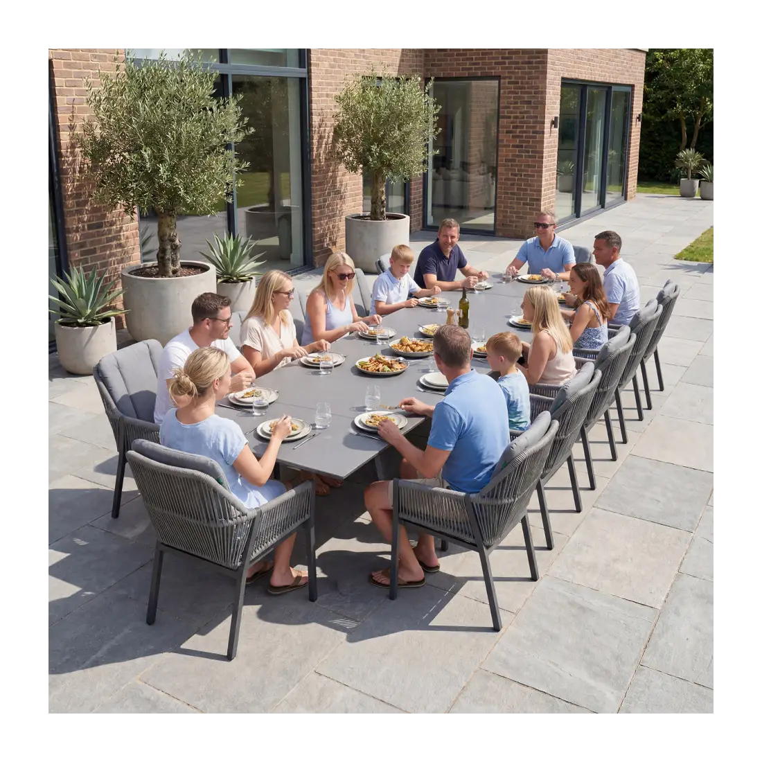 Darcey 12 Seat Rope Aluminium Dining Set - Extending Table with 12 Chairs