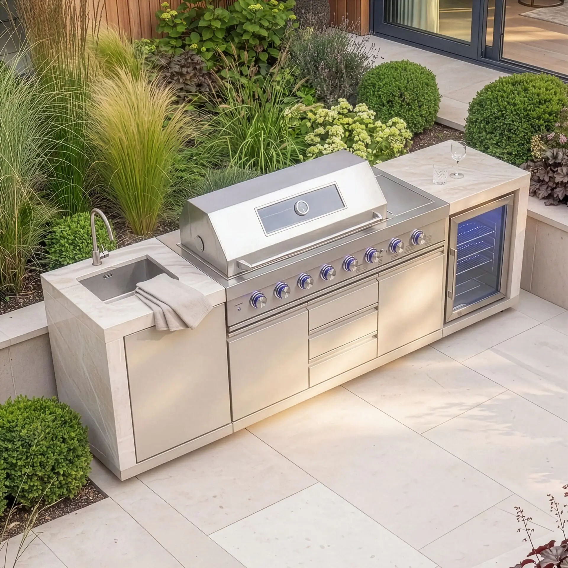 Ember Linear - 6 Burner Gas Grill - Single Fridge & Sink