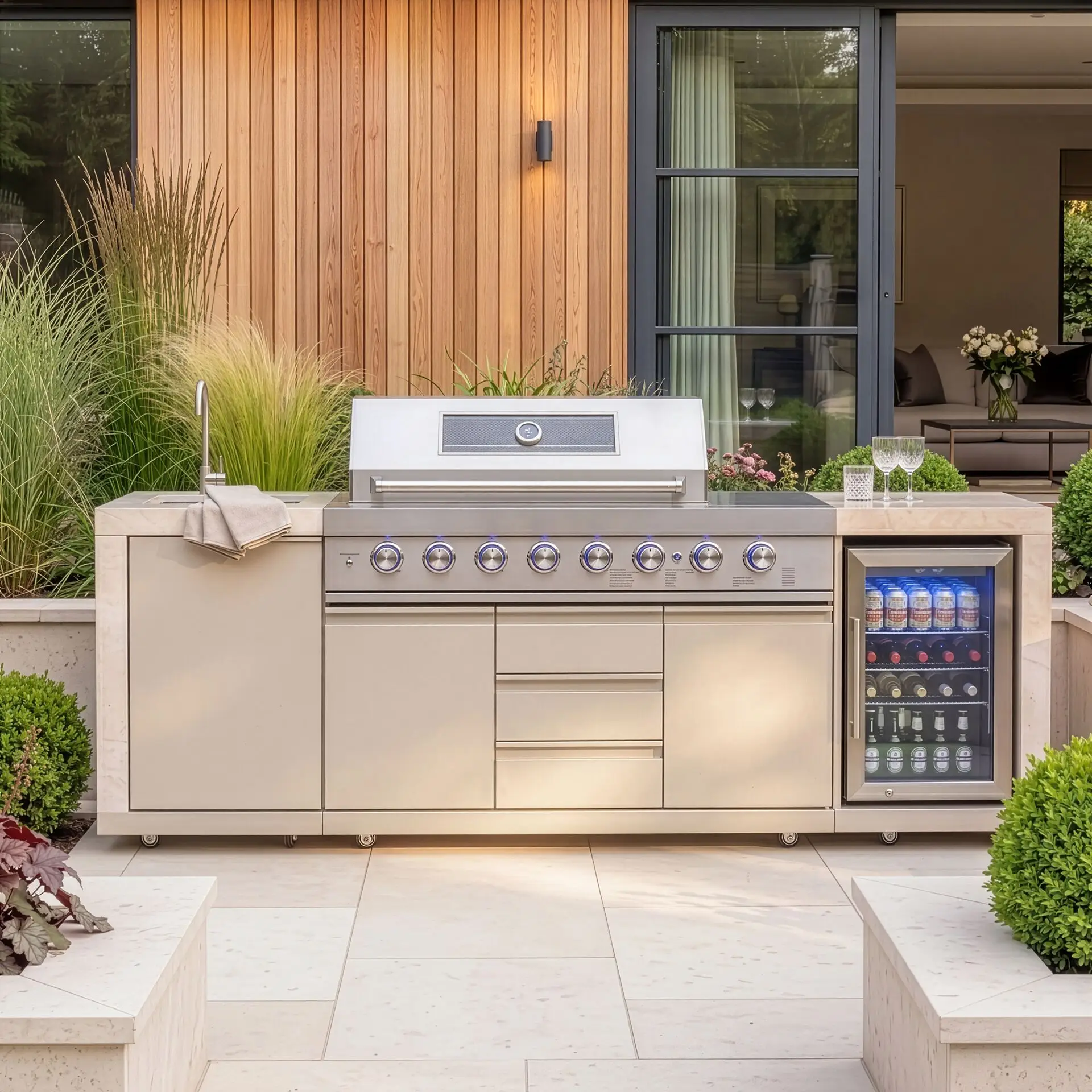 Ember Linear - 6 Burner Gas Grill - Single Fridge & Sink
