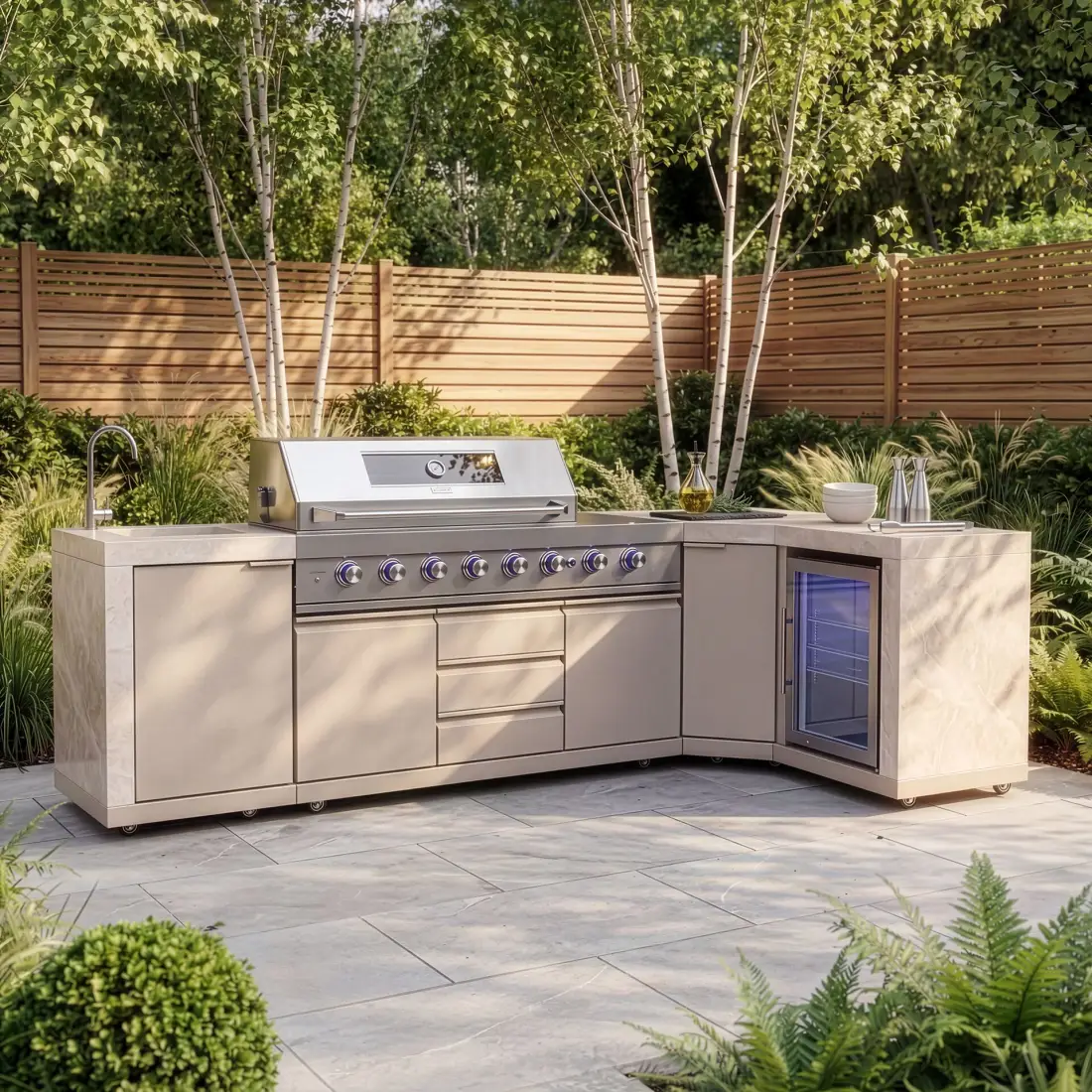 Ember Corner - 6 Burner Gas Grill - Single Fridge & Sink