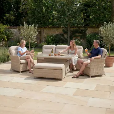 Audrey 3 Seater Lounge Dining Set with 2 Armchairs and Bench - Rising Table