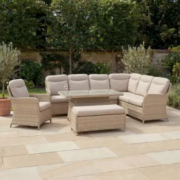 Audrey L-Shaped Corner Rattan Lounge Dining Set with Armchair and Bench - Right Handed with Rising Table