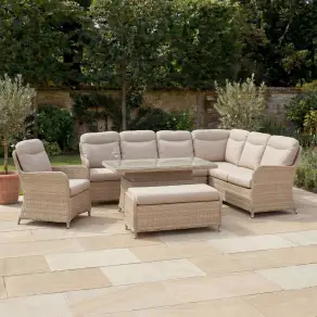 Audrey L-Shaped Corner Rattan Lounge Dining Set with Armchair and Bench - Right Handed with Rising Table