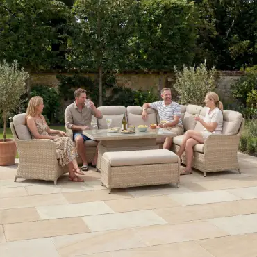 Audrey L-Shaped Corner Rattan Lounge Dining Set with Armchair and Bench - Right Handed with Rising Table