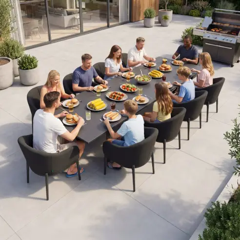 Duke 10-12 Seat Fabric Aluminium Dining Set - Extending Table with 10 Chairs Duke 10-12 Seat Fabric Aluminium Dining Set - Extending Table with 10 Chairs