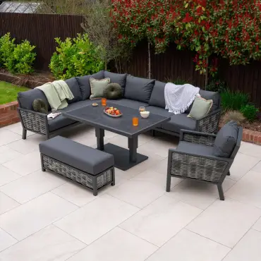 Caleb Corner Rattan Aluminium Dining with Armchair & Bench & Rising Table