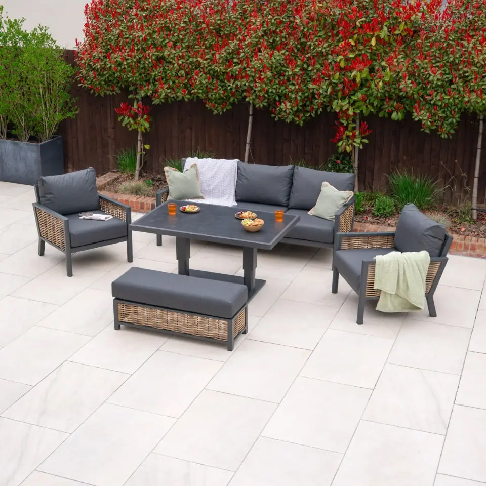 Caleb 3 Seater Rattan Aluminium Dining Set - 2 Armchairs & Bench - Adjustable Rising Dark Grey Table