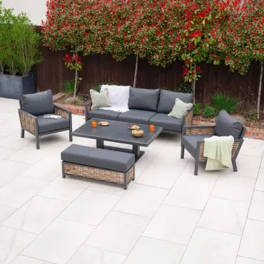 Caleb 3 Seater Rattan Aluminium Dining Set - 2 Armchairs & Bench - Adjustable Rising Dark Grey Table