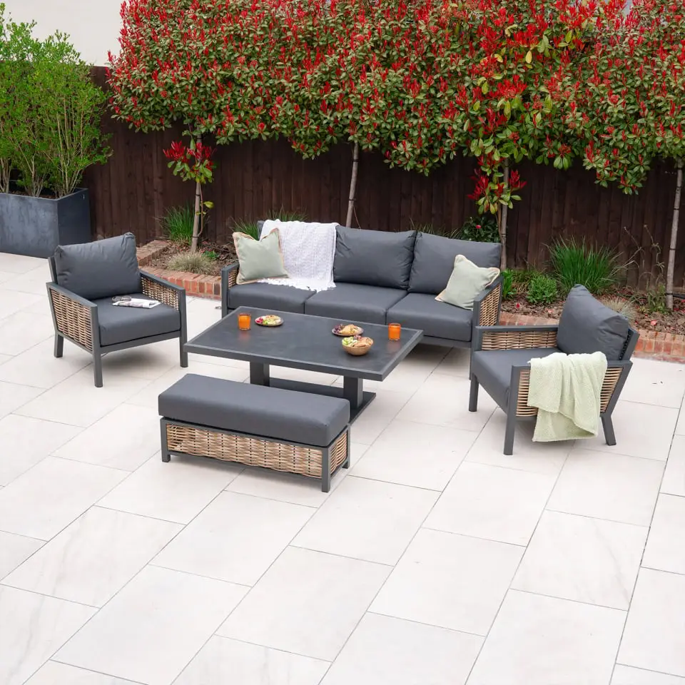 Caleb 3 Seater Rattan Aluminium Dining Set - 2 Armchairs & Bench - Adjustable Rising Dark Grey Table