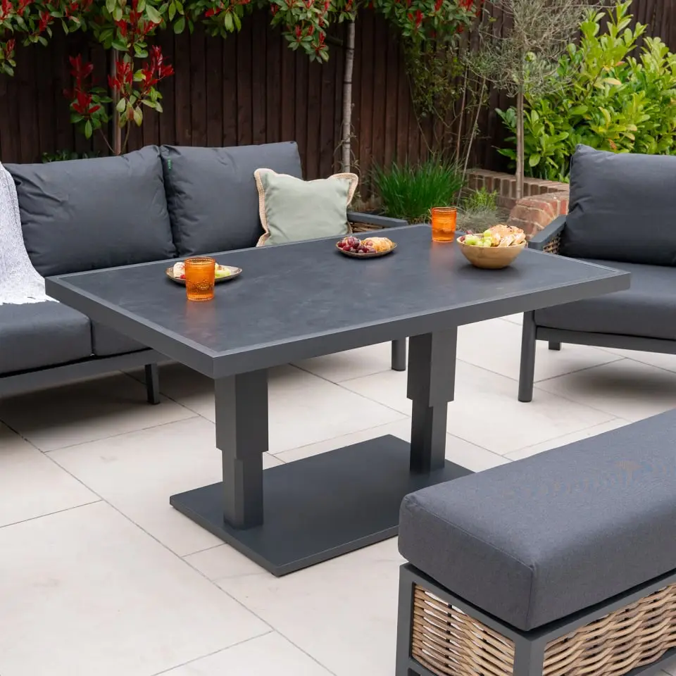 Caleb 3 Seater Rattan Aluminium Dining Set - 2 Armchairs & Bench - Adjustable Rising Dark Grey Table